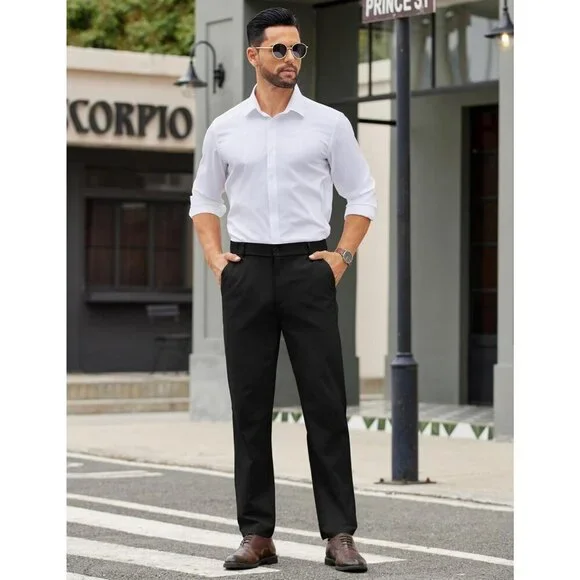Coofandy Men Black Elastic Waist Business Dress Pants with Pockets